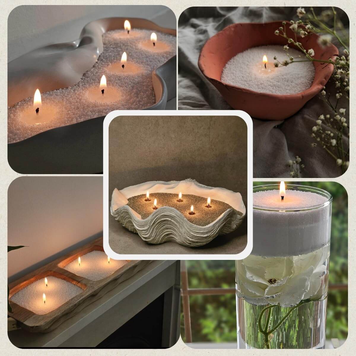Collage of various candle holders with candles, including a shell, glass, and ceramic bowl. Hom33 Instant Candle pearled candle sand candle reusable candles  eco friendly candles  sustainable candles  refillable candle kit  reusable candle kit  candle wax beads  candle pearls  natural wax pearls