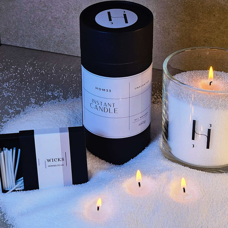 Hom33 Instant Candle bundle pearled candle sand candle reusable candles eco friendly candles sustainable candles refillable candle kit reusable candle kit candle wax beads candle pearls natural wax pearls